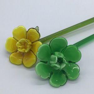 Pair Of Art Glass Flowers With Green Stems